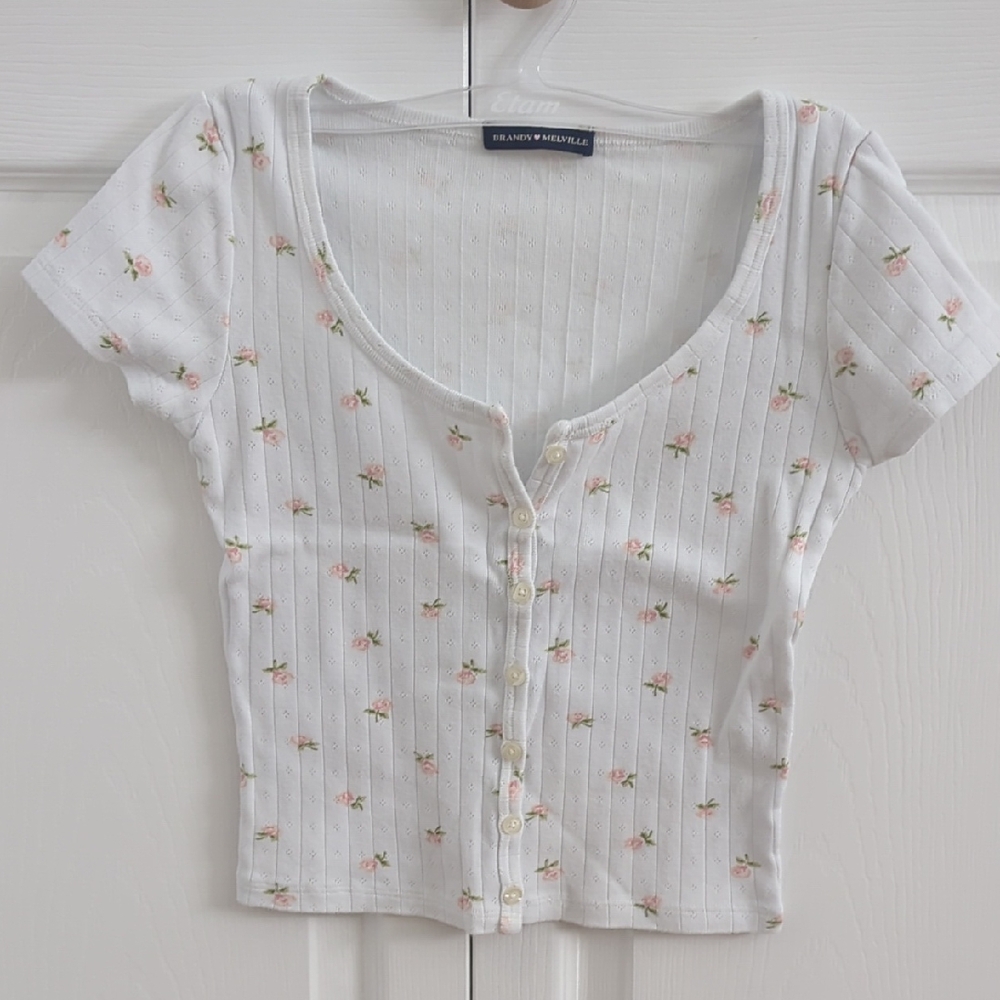Brandy Melville White Floral Button-Up Crop Top